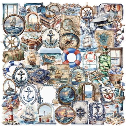 Image of 50 PCS Retro Sailing Stickers for Scrapbooking Journaling Junk Journal Scrapbook Supplies - Waterproof Transparent PET Aesthetic Decals for Resin Crafts Decorative Art Crafts (Retro-2)