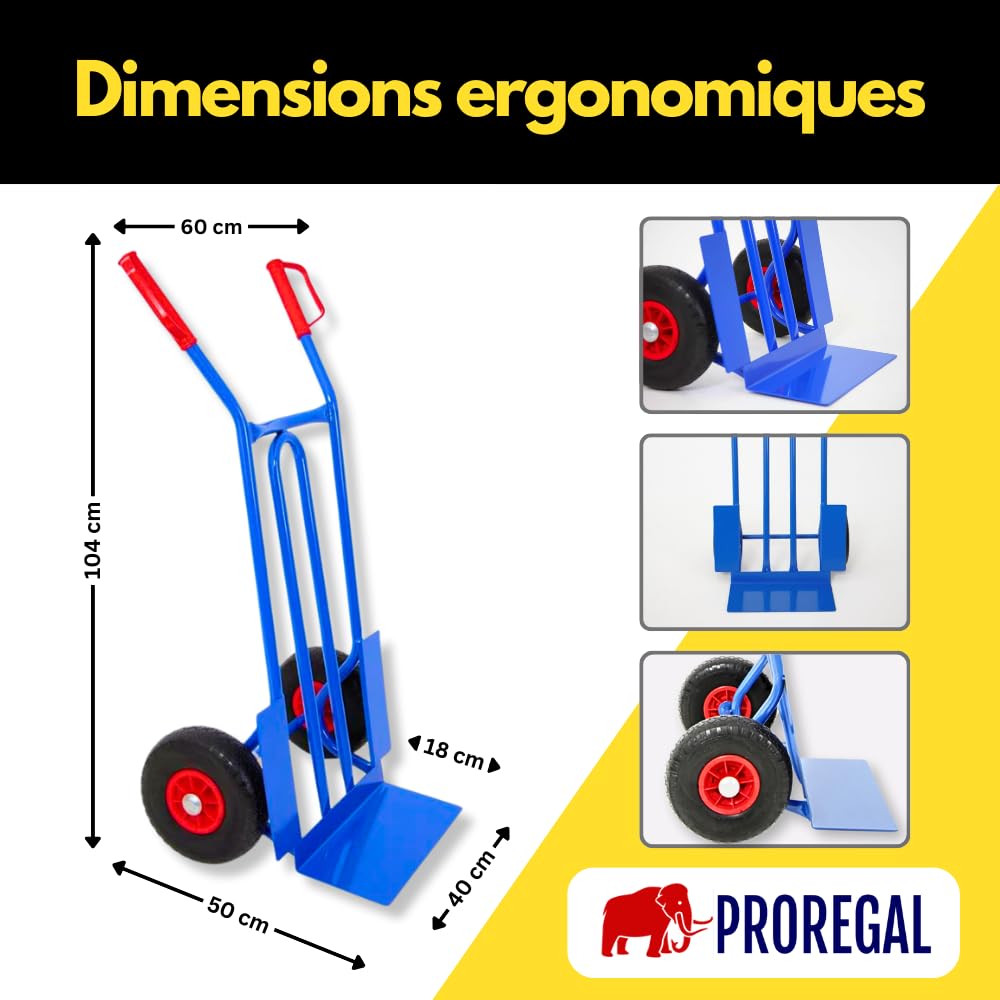 PROREGAL Diable Pliable Rhino XL | HxLxP 104x50x60cm | Capacité de Charge 250 kg | Bleu | Roues pneumatiques | Chariot de Transport, Diable d'escalier