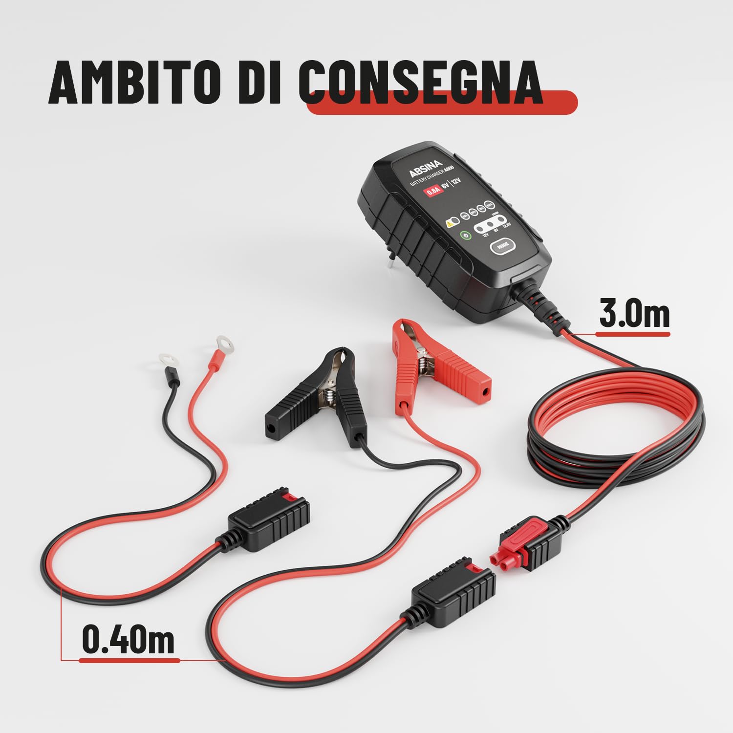 ABSINA Caricabatterie auto al piombo fino a 26Ah / 12,8V Litio fino a 15Ah - Mantenitore batteria moto automatico - Caricatore batteria moto e caricabatterie scooter con cavo da 3,4m, 800mA