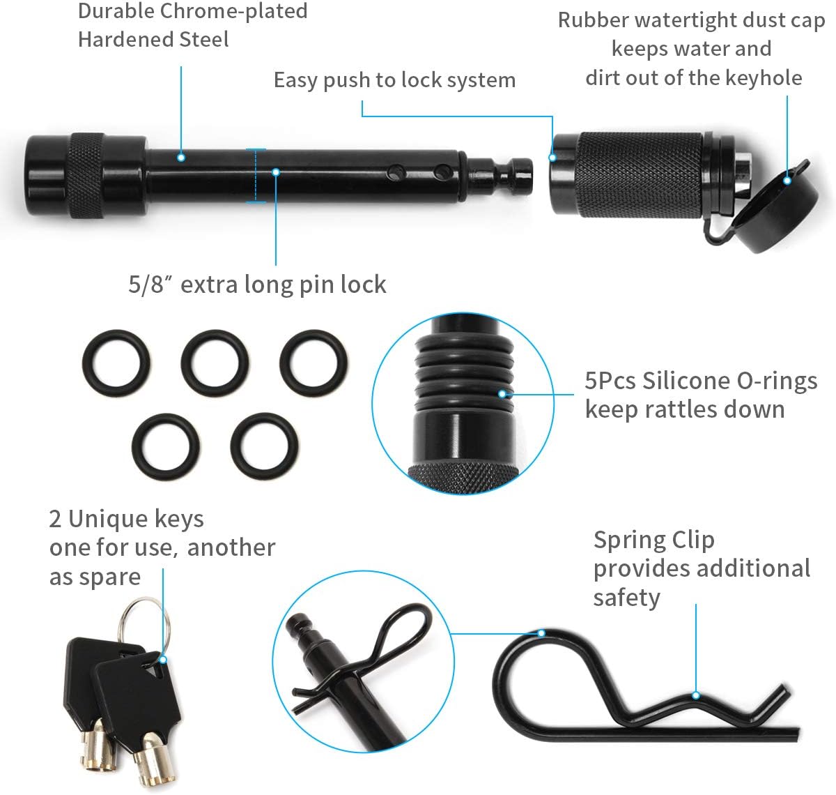 Coitak Trailer Hitch Lock Pin Set, 5/8" Black Tow Hitch Receiver Lock with Anti-Rattle, Extra-Long Locking Hitch Pin with Heavy Duty (5/8" Hitch Lock)