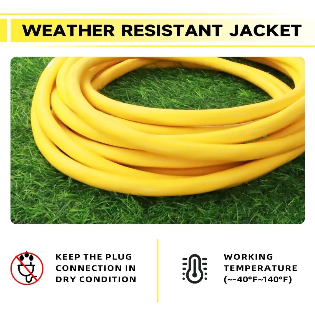 Cable de extensión iluminado para exteriores de 10 pies – 10/3 SJTW cable de extensión amarillo resistente con enchufe de tierra de 3 puntas para mayor seguridad, listado UL