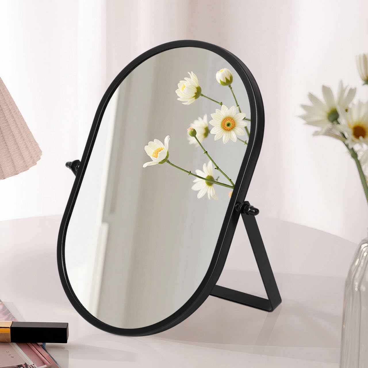 Gosider Small-Black Black Dressing Table Mirror Small Desk Mirrors Oval Metal Frame Makeup Mirror Portable Single-Sided Swivel Tabletop Mirrors For Vanity Dresser Bathroom Bedroom Office
