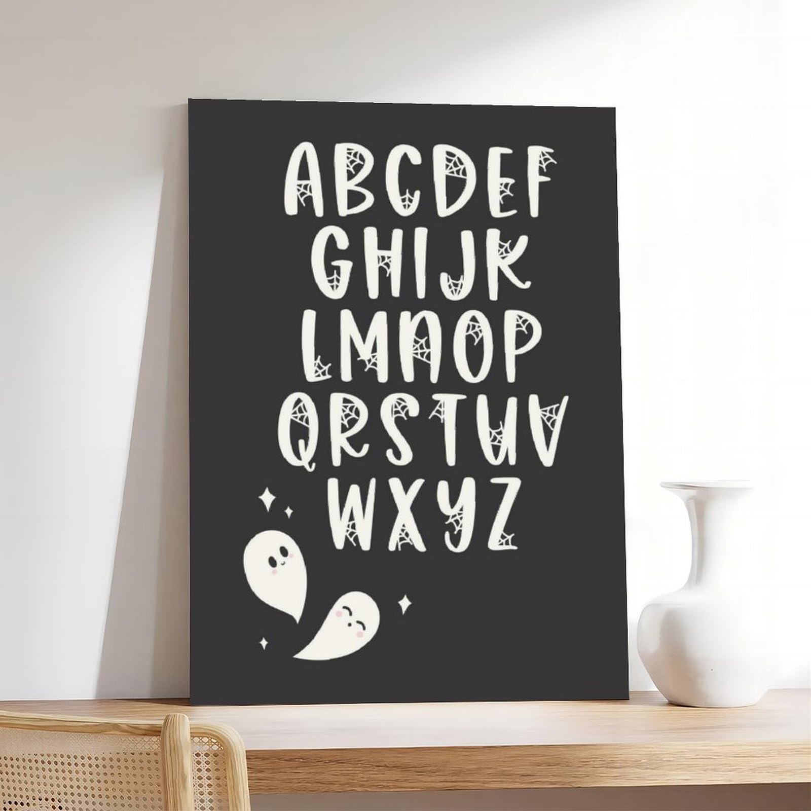 Poster sur toile de l'alphabet blanc sur fond noir pour l'apprentissage et l'éducation - Décoration murale pour salon, chambre à coucher - 61 x 91,4 cm (L x l)