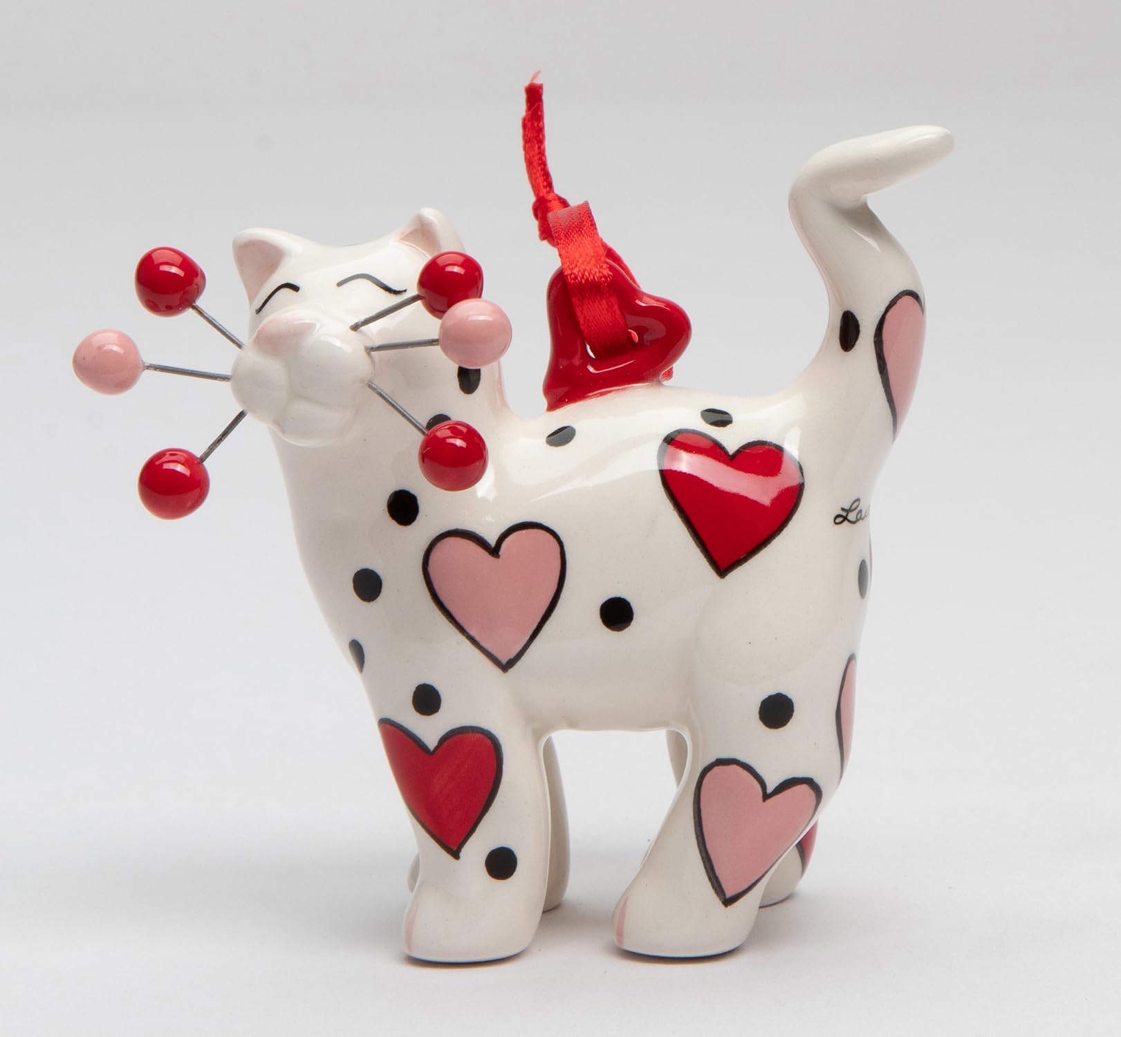 Cosmos Gifts 56614 Ceramic Whisker Cat with Pink & Red Hearts Ornament Figurine -Design by Amy Lacombe