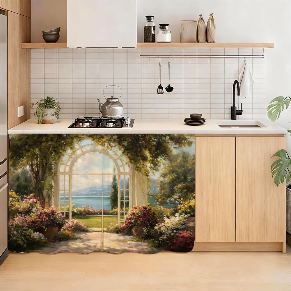 Self Adhesive Secret Garden Cabinet Curtain for Mother's Day, 39x28 Inch Lake Scenery Under Sink Skirt No Drill, Spring Cleaning Kitchen Decor, Hook and Loop Laundry Valance