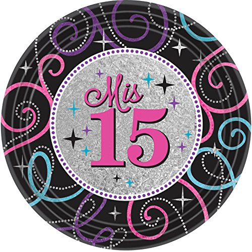 Assiettes jetables Mis Quince Años noires et grises de 23 cm pour décoration table d'anniversaire
