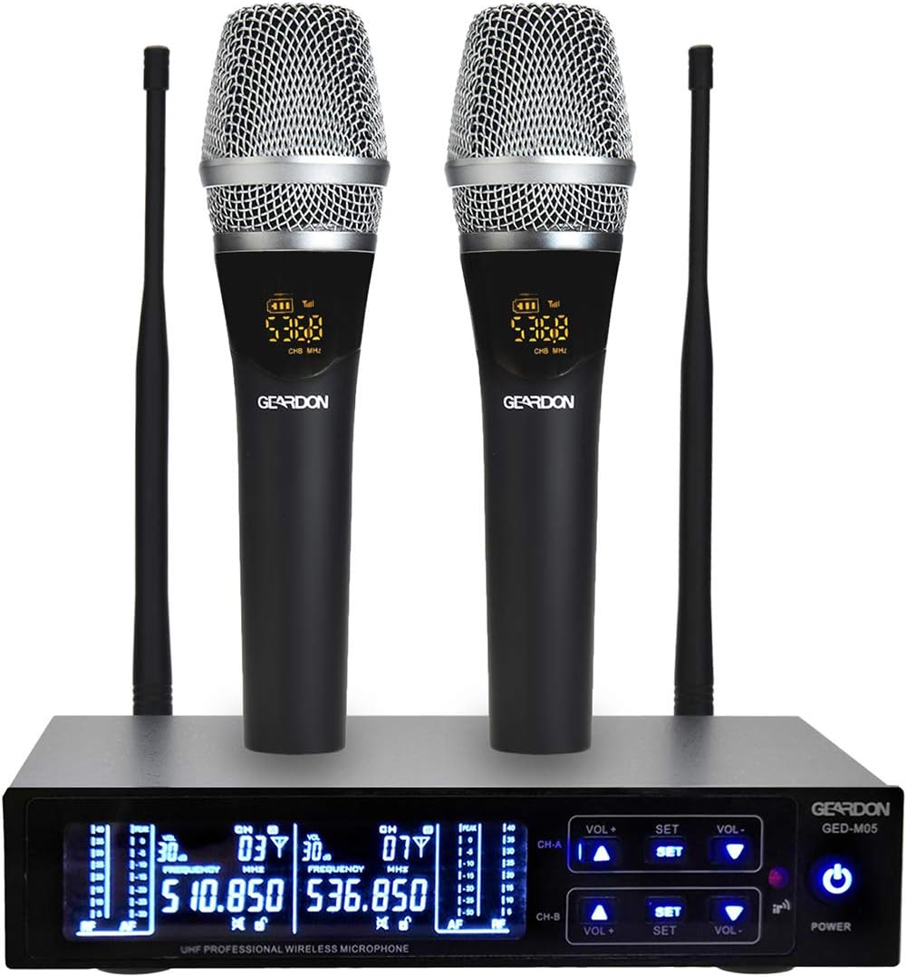 Rechargeable Wireless Microphone System, 200 Channel UHF Cordless Mic Set Long Distance 250Ft Mute Function for Church,Karaoke,Party