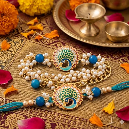 Image of CraftVatika Rakhi Set for Brother and Bhabhi, Bhaiya Bhabhi Rakhi Set of 2, Designer Bracelet Rakhis for Rakshabandhan with Best Wishes Card and Tillak Set, Premium Thread Couple Pair Raki