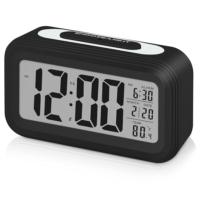 Sarsumir Despertador Digital, Reloj Despertador Digital Pilas Inteligente Silencioso con Luz Nocturna LED Despertador con Función de Posponer Temperatura de Fecha para Niños Infantil Adulto, Negro