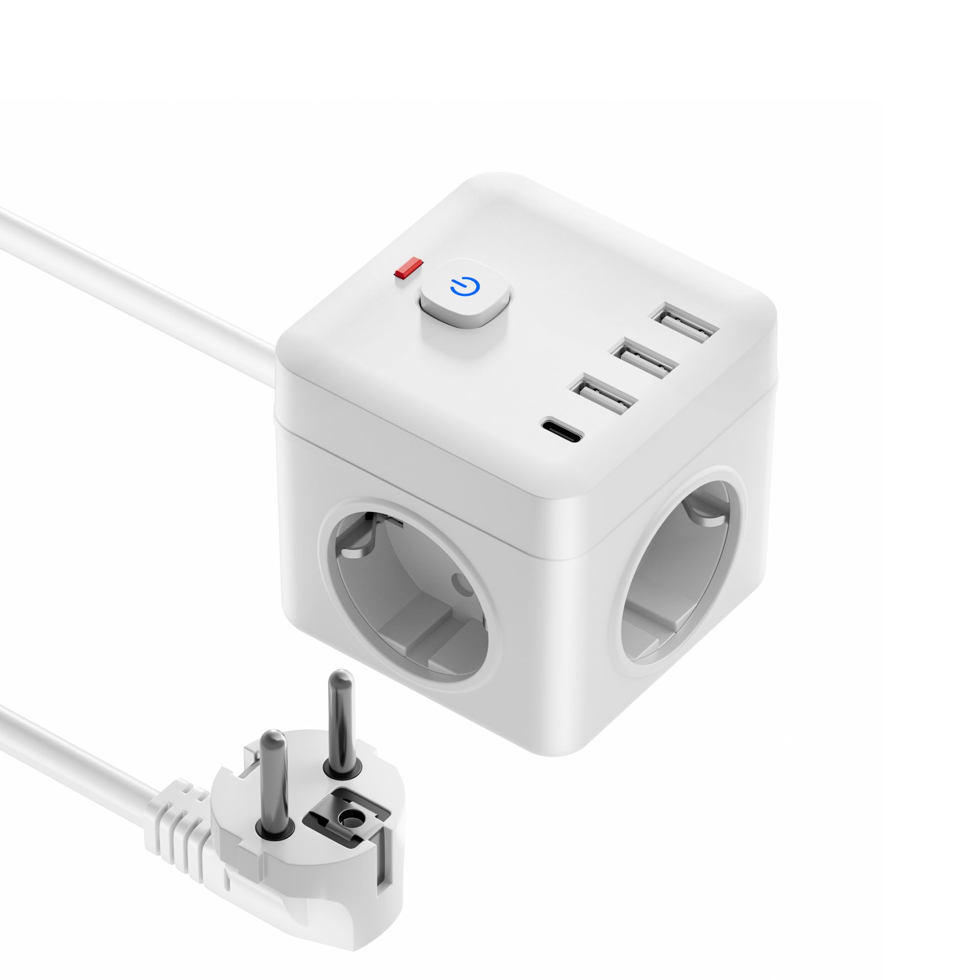 7-in-1-Würfelsteckdose mit 1 USB-C und 3 USB-Ports, 1,5 m langem Verlängerungskabel sowie Überspannungsschutz – geeignet für Zuhause, Büro und Reisen, in Weiß.