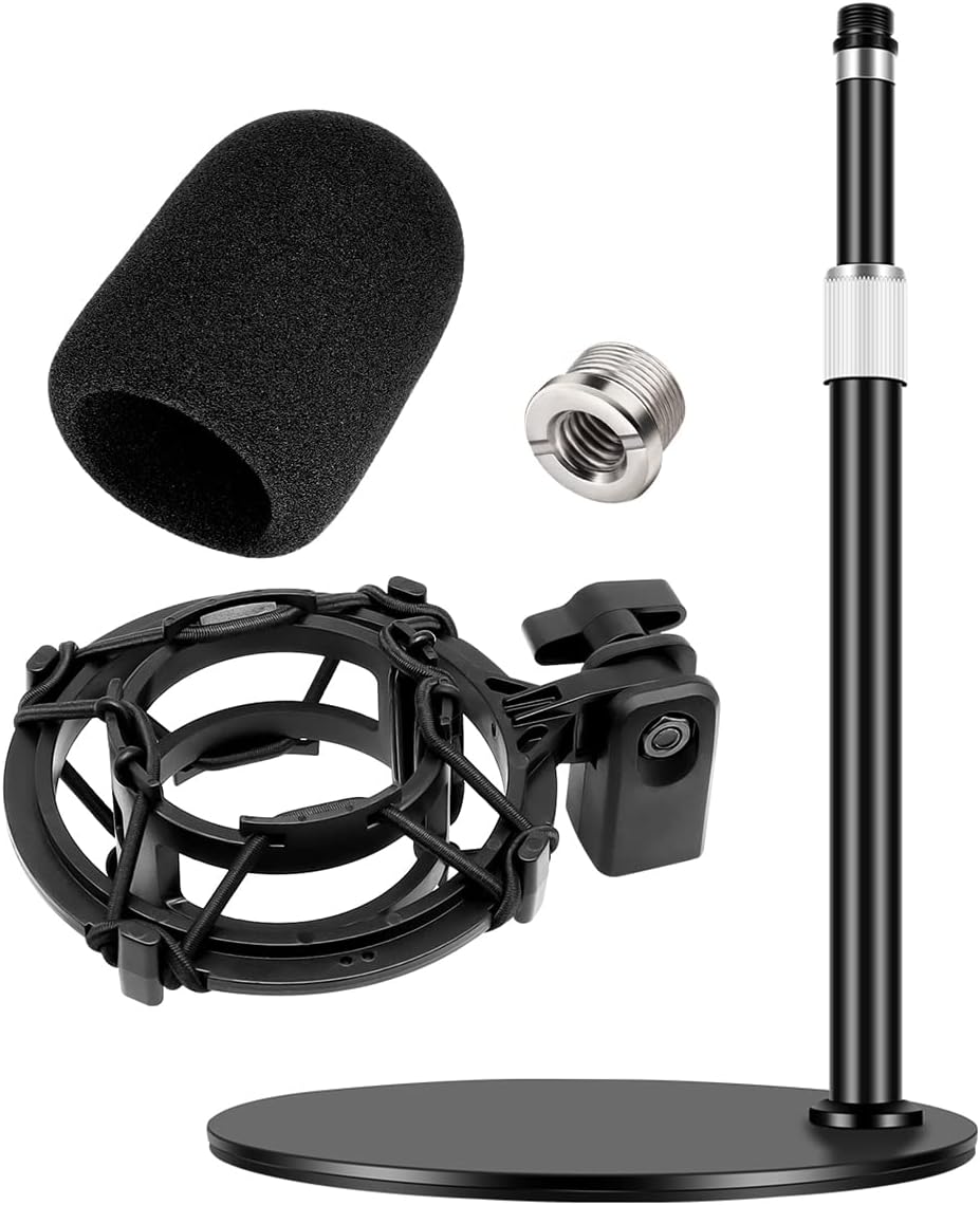 AT2020 Desktop Microphone Stand, Adjustable Mic Desk Stand, Shock Mount with Foam Windscreen[Custom Built for AT2020 Mic], Mic Clip, 5/8" Metal Screw Adapter