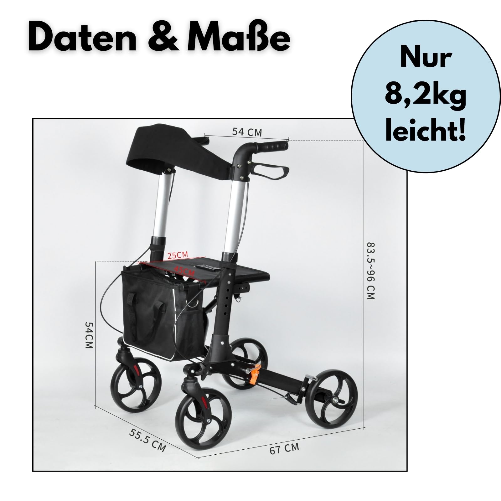 DIVID® Rollator aus Aluminium in 3 Farben 1002 B, Leichtgewicht ideal für Reisen, klappbar, Höhenverstellbar, Gehwagen,Gehhilfe, Praktische Tragetasche, Reflektoren (Schwarz)