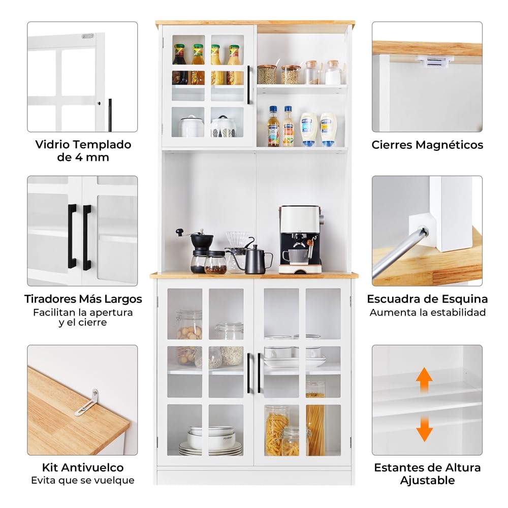 Yaheetech Alacena de Cocina Mueble Buffet Armario de Cocina Aparador de Almacenaje con Puertas de Vidrio, Estantes Ajustables 80 × 37 × 183 cm