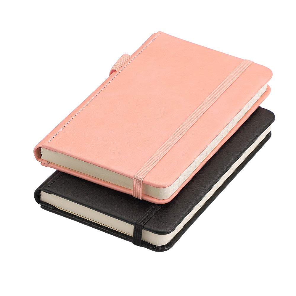 RETTACY Small Notebook 2-Pack - A6 Leather Hardcover Pocket Notebook with 160 Pages per Pack, College Ruled Notebook, 100 GSM Premium Acid-Free Paper, Back Pocket, 3.5" × 5.5" (Black & Pink)
