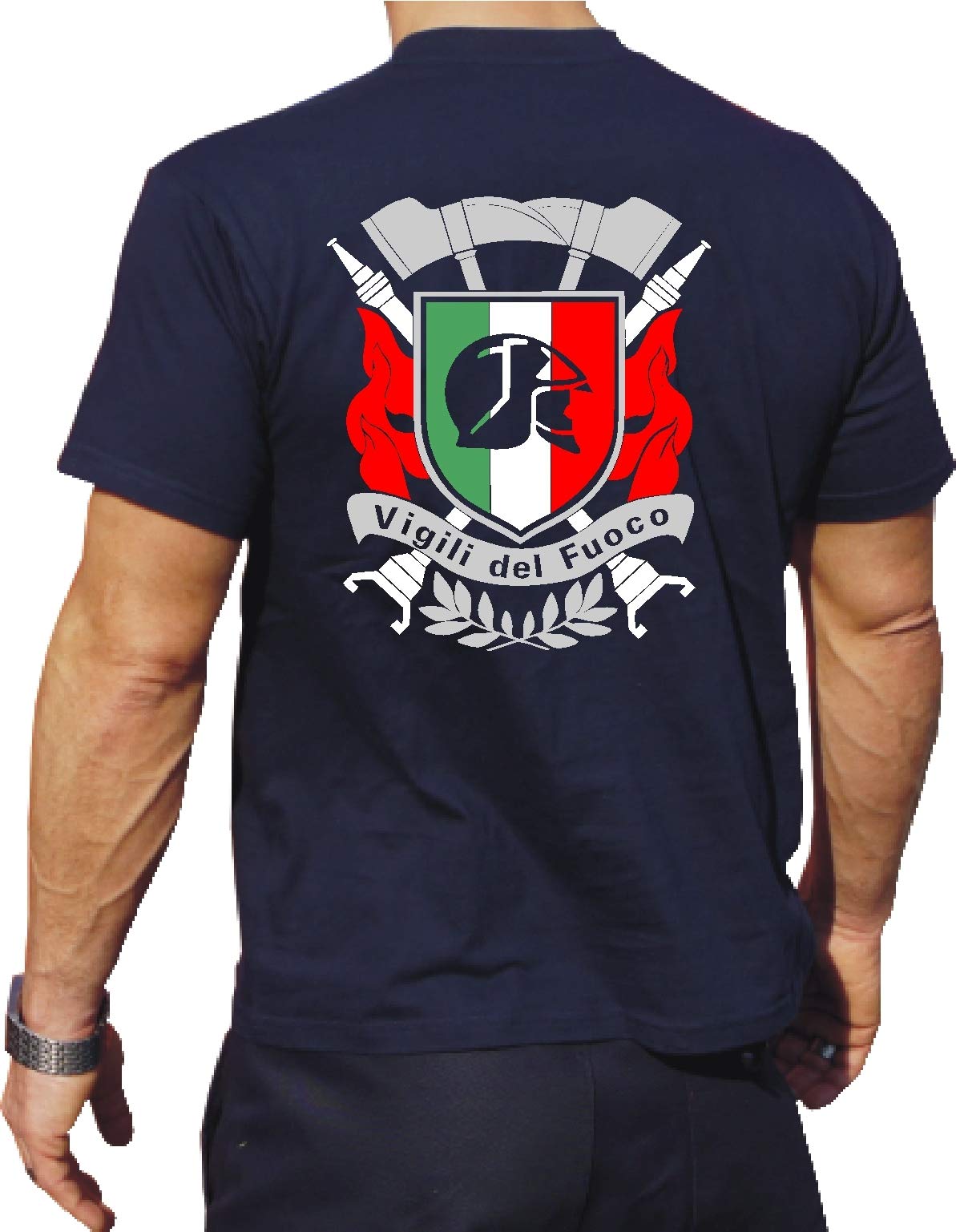 T-Shirt blu Scuro, Vigili del Fuoco, Con assi e fiamme, navy, XL