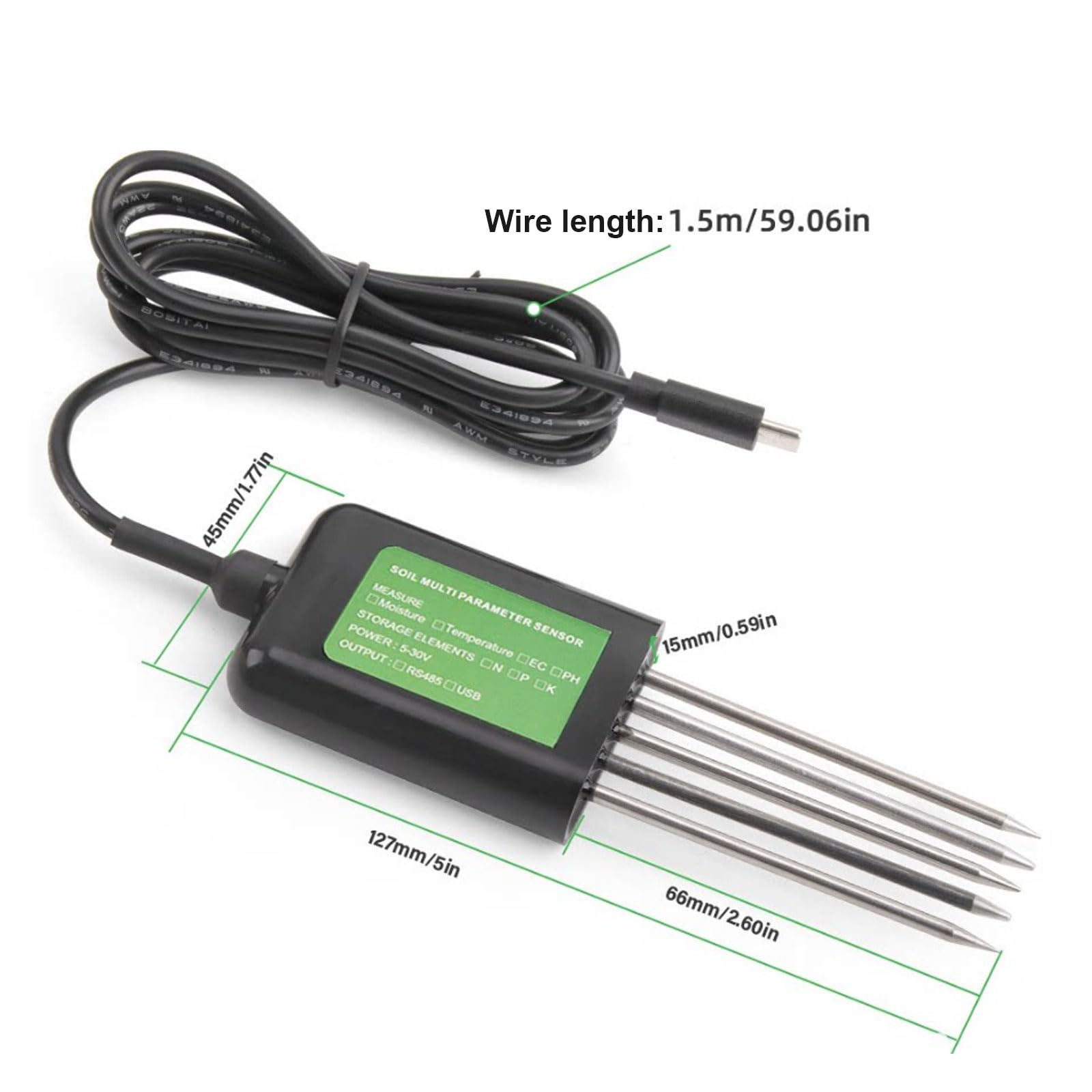 Sensore per terreno USB 7 in 1 con pH, temperatura, umidità NPK, misuratore per test del suolo con sonda resistente, monitor per la crescita delle piante da giardinaggio agricolo per Android