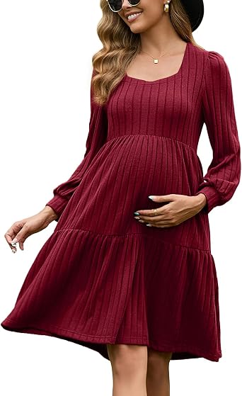 GINKANA Maternity Sweater Dress Long Sleeve Square Neck Babydoll Dresses Short Elegant Winter Dresses Work Office Dress