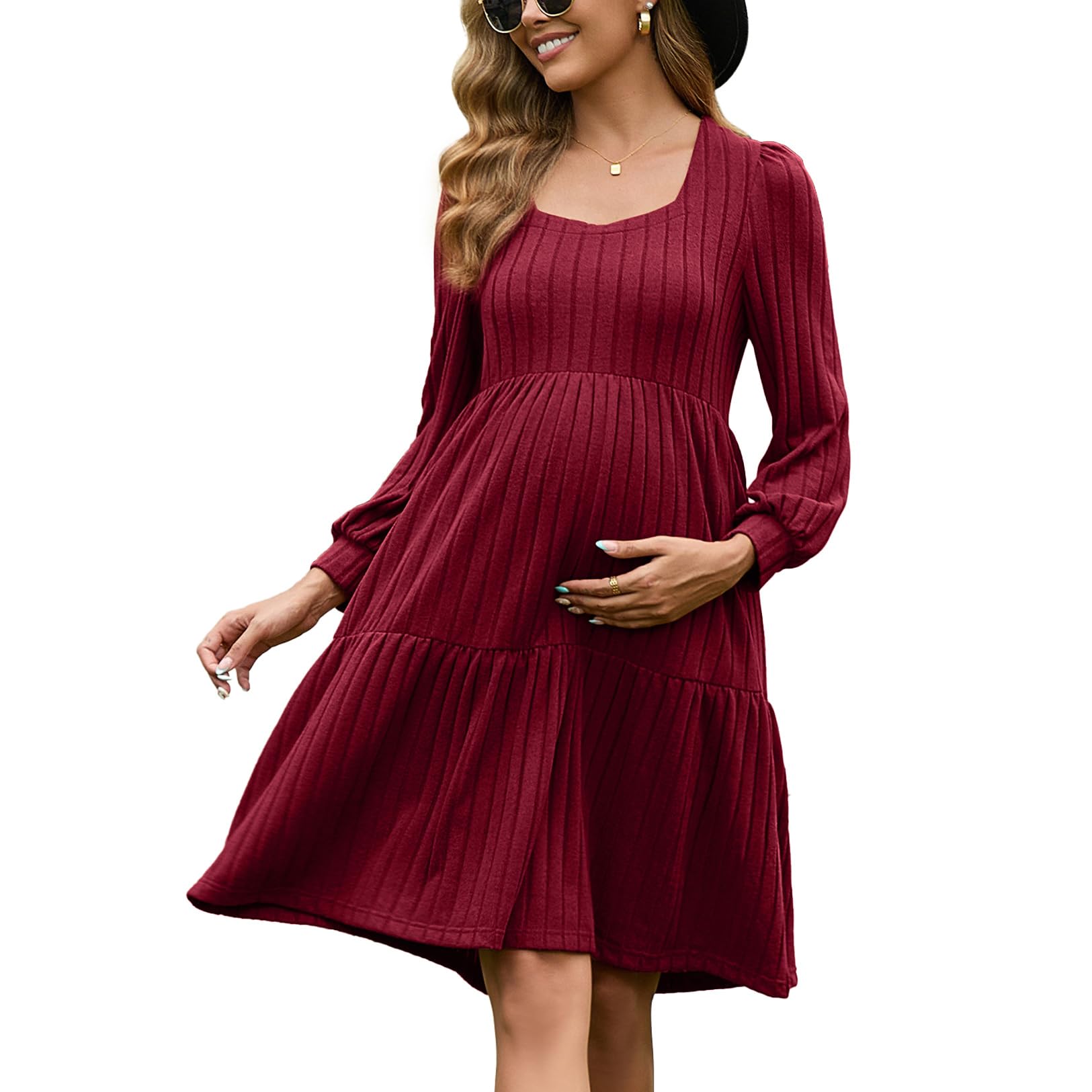 Ginkana Womens Maternity Sweater Dress, Square Neck, Long Sleeve, Babydoll Knit, with Pocket, Burgundy, M