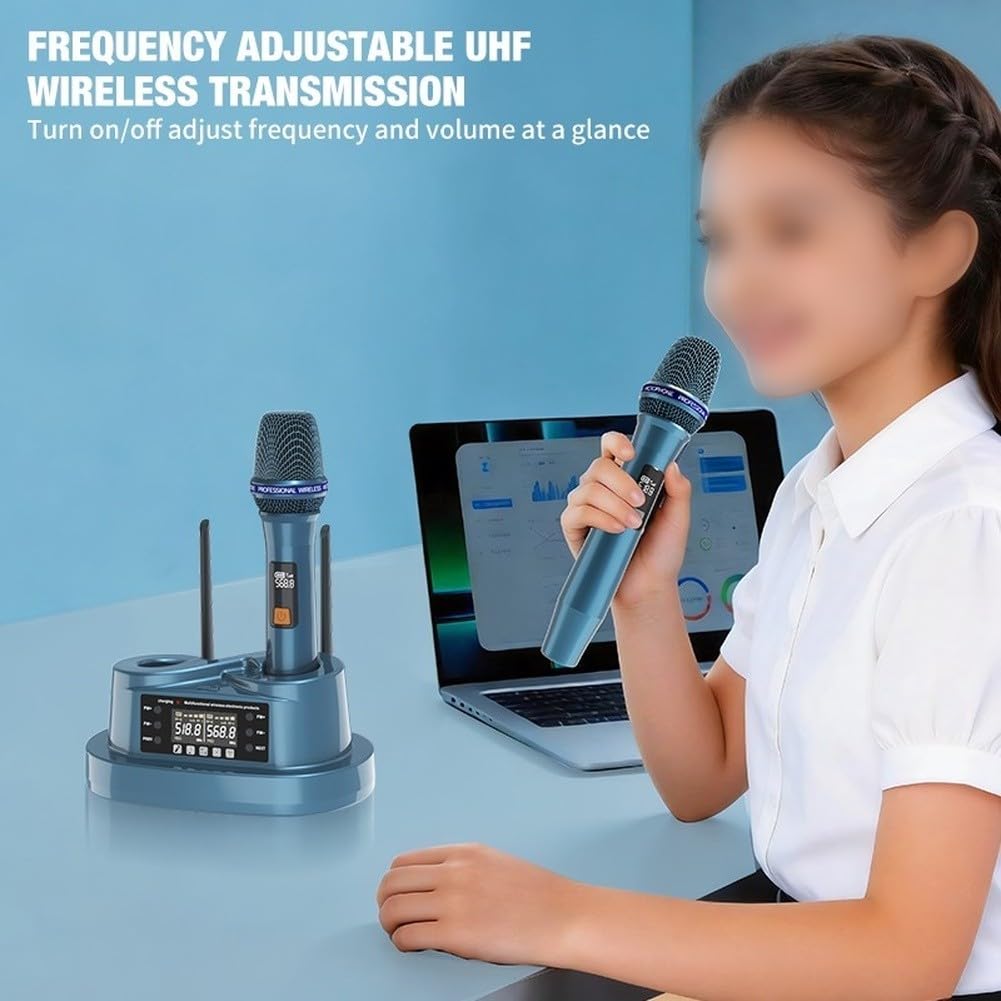 Magentic Wiederaufladbares UHF-Funkmikrofonsystem mit Dual-Handmikrofon, 79 m Reichweite, dynamischer Nieren-Tonabnehmer für Karaoke, Kirche, Partys und Events, Blau