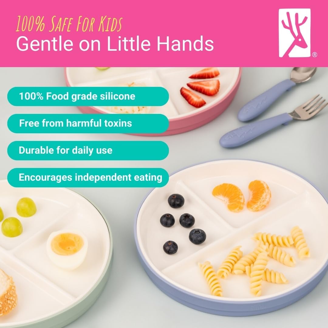 Elk and Friends Kids 7.8” Porcelain White Divided Plates with Silicone Sleeves + Lids, Blush/Misty Blue/Sage/Lilac - Image 3
