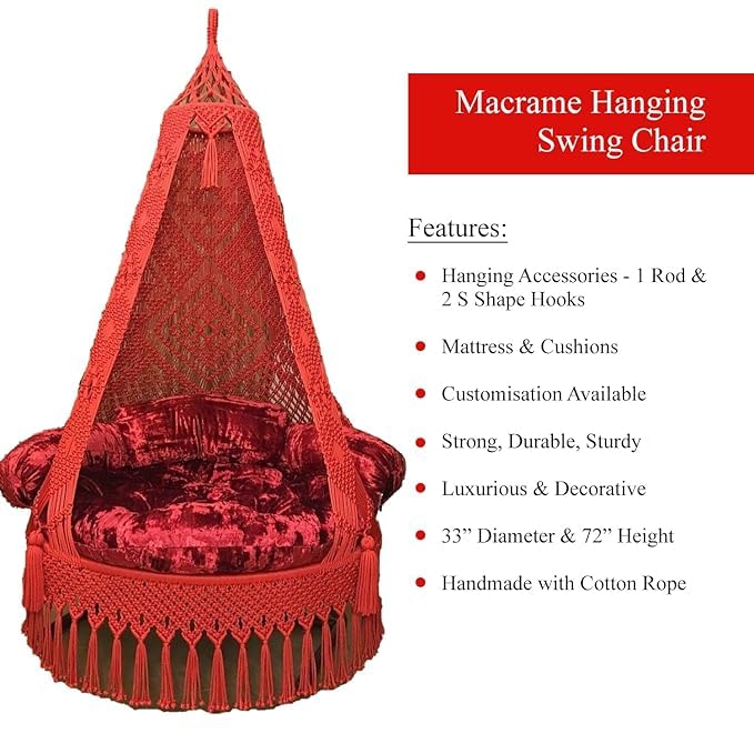 Image of Macrame Hanging Chair Swing with Cushion | Handmade Boho Hammock Chair for Adults & Kids | Indoor Outdoor for Balcony, Living Room, Bedroom, Patio & Garden (Red)