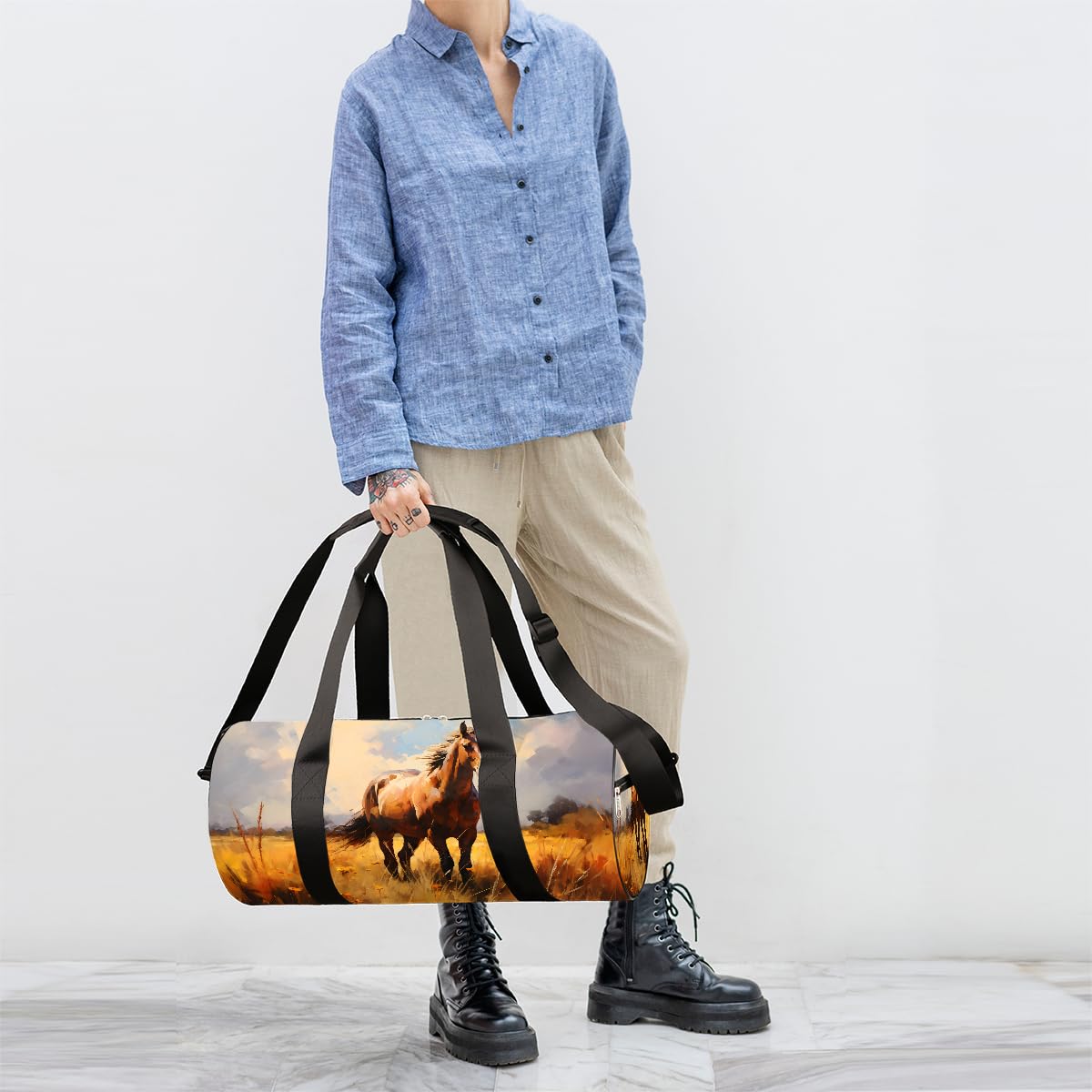 Mexpekil Seesack mit Schuhfach, wasserdicht, schöne weiße Pferde-Blume, Reiserucksack für Fitness, Fitnessstudio, Wochenendausflüge, Schöne weiße Pferdeblume