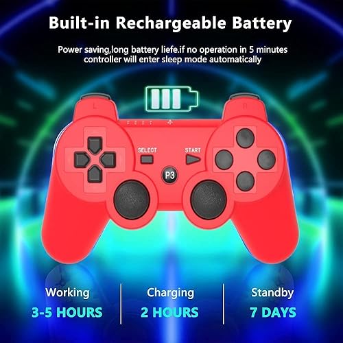 Miniatura 5 de 2 Pack PS3 Wireless Controller Playstation 3 Controller Wireless Bluetooth Gamepad with USB Charger Cable for PS3 Console (BLUE+RED)