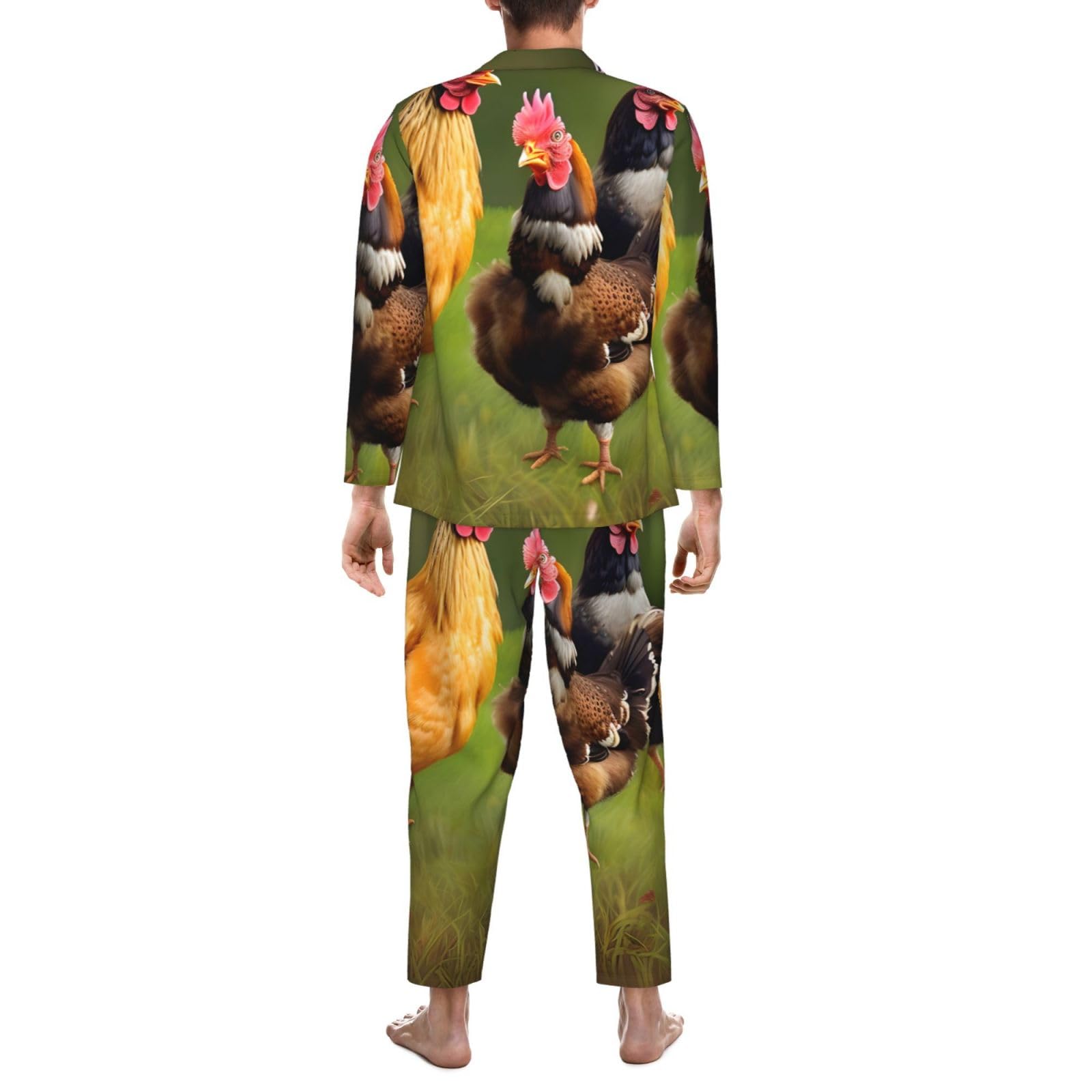 Herren-Pyjama-Set, langärmelig, Hahnmuster, zweiteilig, Hauskleidung, bequeme Nachtwäsche