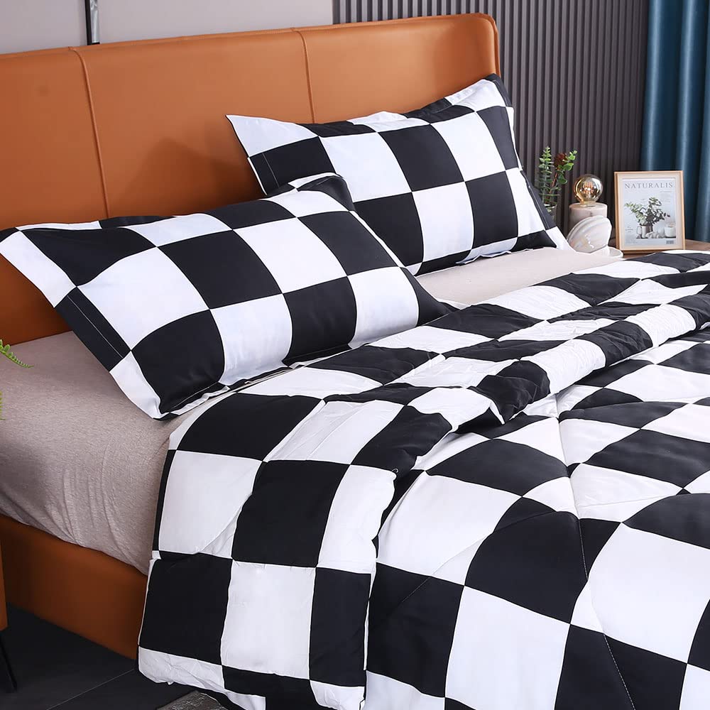 FELENIW Black and White Checkered Plaid Comforter Sets with 1 Comforter and 2 Pillow Shams Lightweight Queen Size Comforter Down Alternative for All Season (Black and White Checkered, Queen)