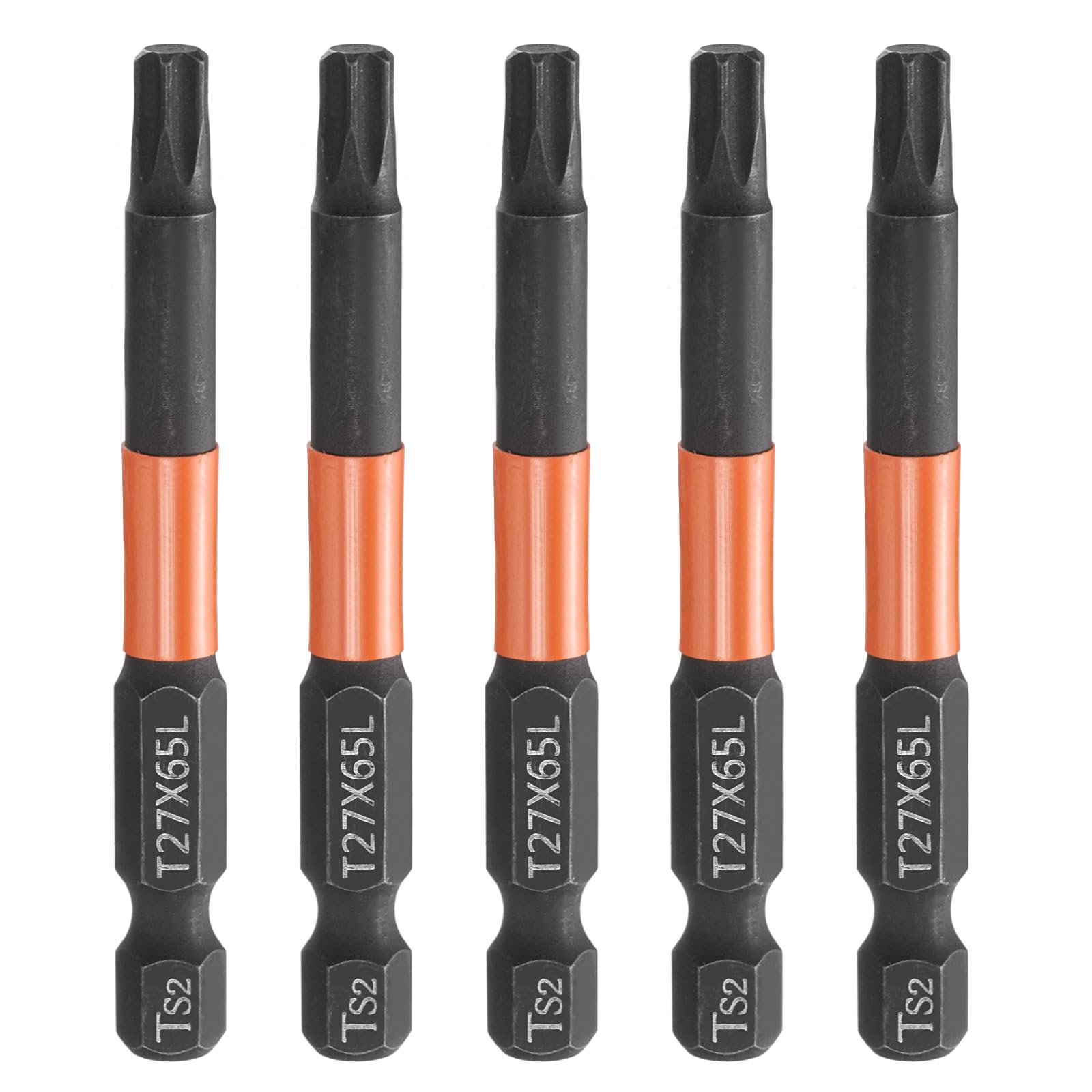 HARFINGTON 5pcs T27 Torx Head Screwdriver Bit 2.56" (65mm) Long 1/4" Hex Shank Magnetic No Hole Tamper Proof 6 Point Star Screw Driver Drill Bits