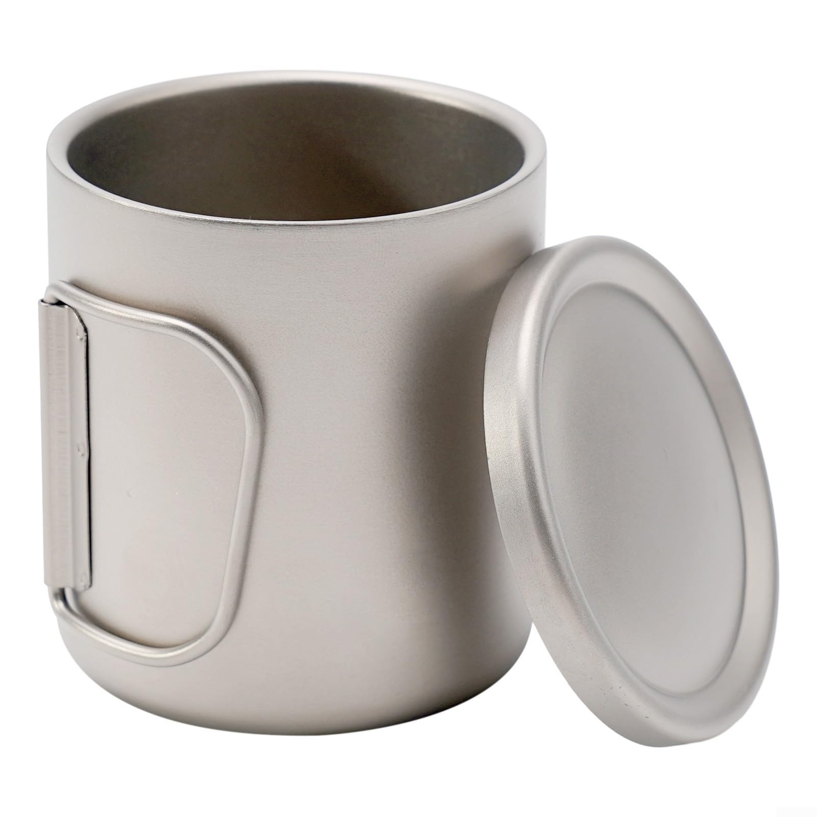 Doppelwandige Titan-Wassertasse mit Deckel für Camping, Wandern, Rucksackreisen, Outdoor, 300 ml (mit Griffen, 450 ml)