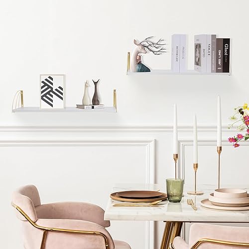 Miniatura 2 de Estantes de pared de pino blanco grandes de 31.5×7.87 pulgadas con líneas elegantes, estantes flotantes blancos y dorados, estantes flotantes