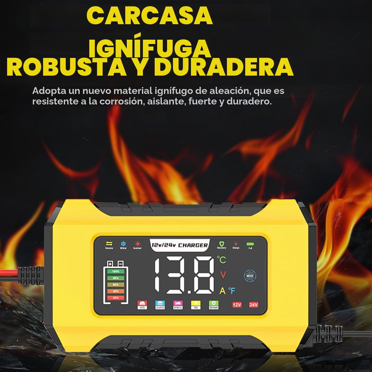 Cargador de batería de coche de 15 A, cargador inteligente automático de 12 V/24 V con compensación de temperatura de pantalla LCD para coche, AGM, gel, húmedo, SLA para baterías de plomo ácido y