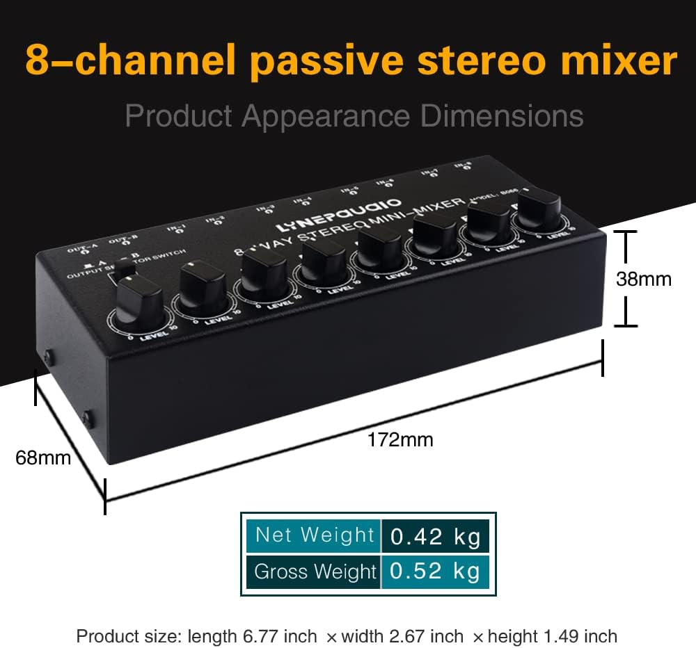 Stereo 8-channel passive mixer No power supply 8-channel stereo audio mixer RCA interface