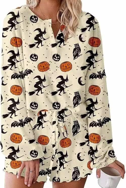 Image of Roshop Halloween Pajama Women's Pumpkin Matching Top & Shorts Loungewear Set