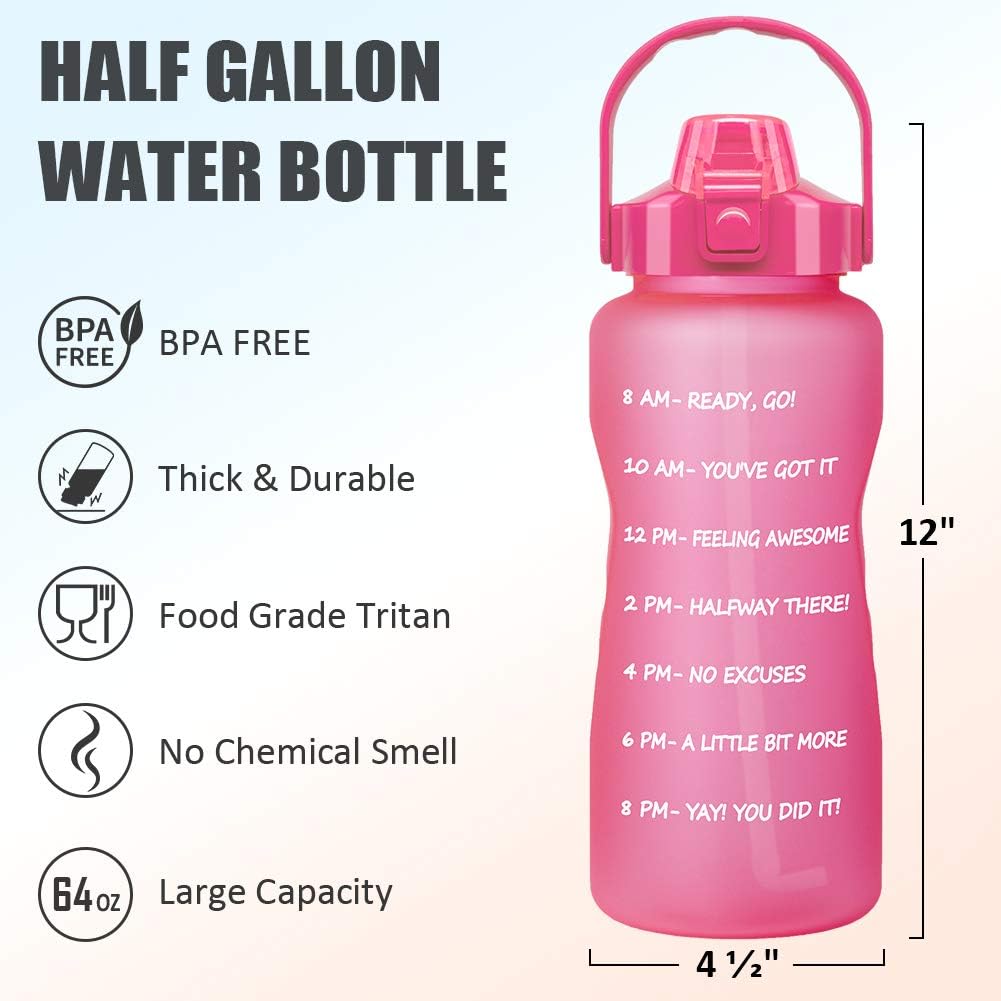 64 OZ/Half Gallon Motivational Water Bottle with Time Marker & Straw - BPA Free Leakproof Tritan Frosted Plastic Big 2L Water Bottle for Women Men Large Water Jug for Fitness Gym Outdoor Sport