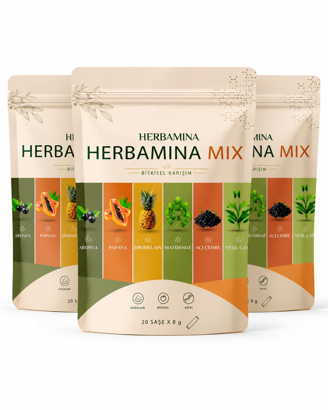 Herbamina Mix Bitkisel Karışım 3er Pack – 3 x 20 Sachets Kräutergetränk Pulver | Türkischer Bitki Çayı Mix | Frucht- & Pflanzenextrakte | Heiß & Kalt Genießbar Total 60 sachets