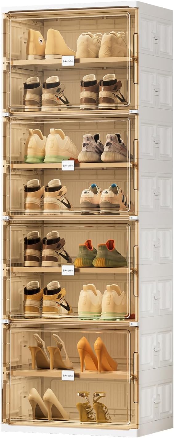 Large 6-Tier Foldable Shoe Rack Organizer for Closet & Entryway, Collapsible Storage Cabinet with Magnetic Doors, Holds 24 Pairs - Stylish White Design Single-Row 8 Tiers (Standard Tiers Only)