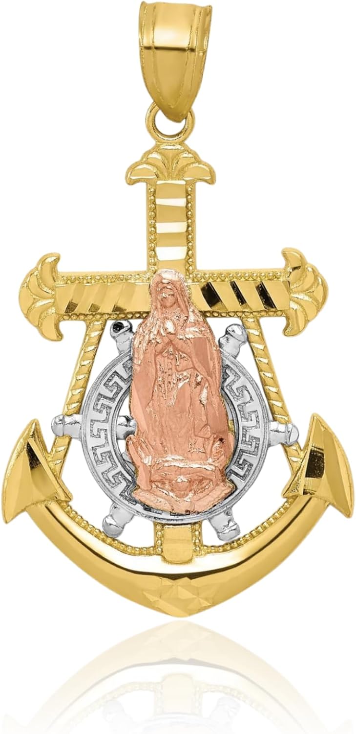 IceCarats 10K Solid Two Tone Gold Large Anchor Mariner Blessed Mother Mary Pendant Necklace 30mm 1.2 inch Polished For Her For Him