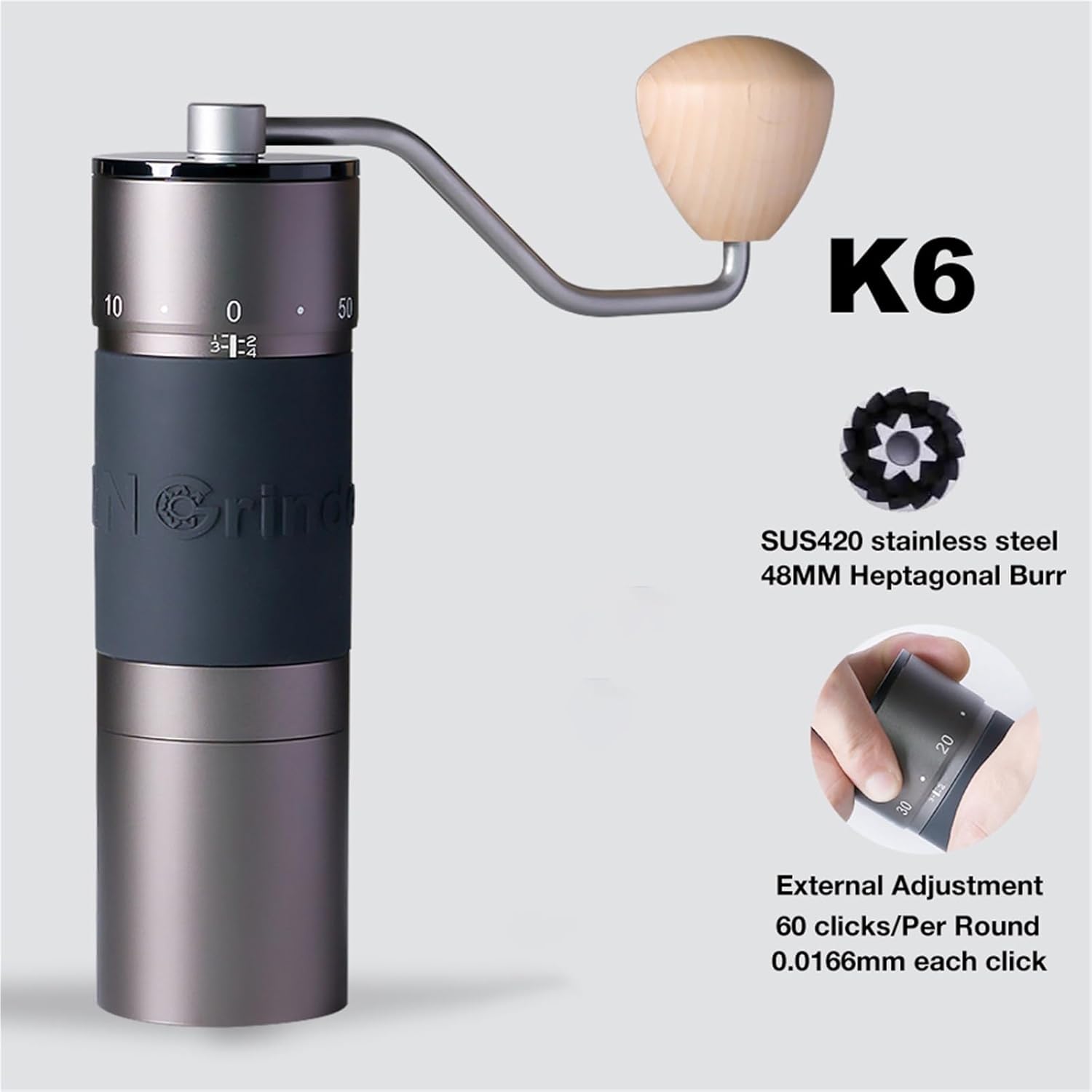 K2 / K4 / K6 Manual Coffee Grinder Portable Hand Mill 48mm SUS420 Stainless Steel Burr Grinding(K6)