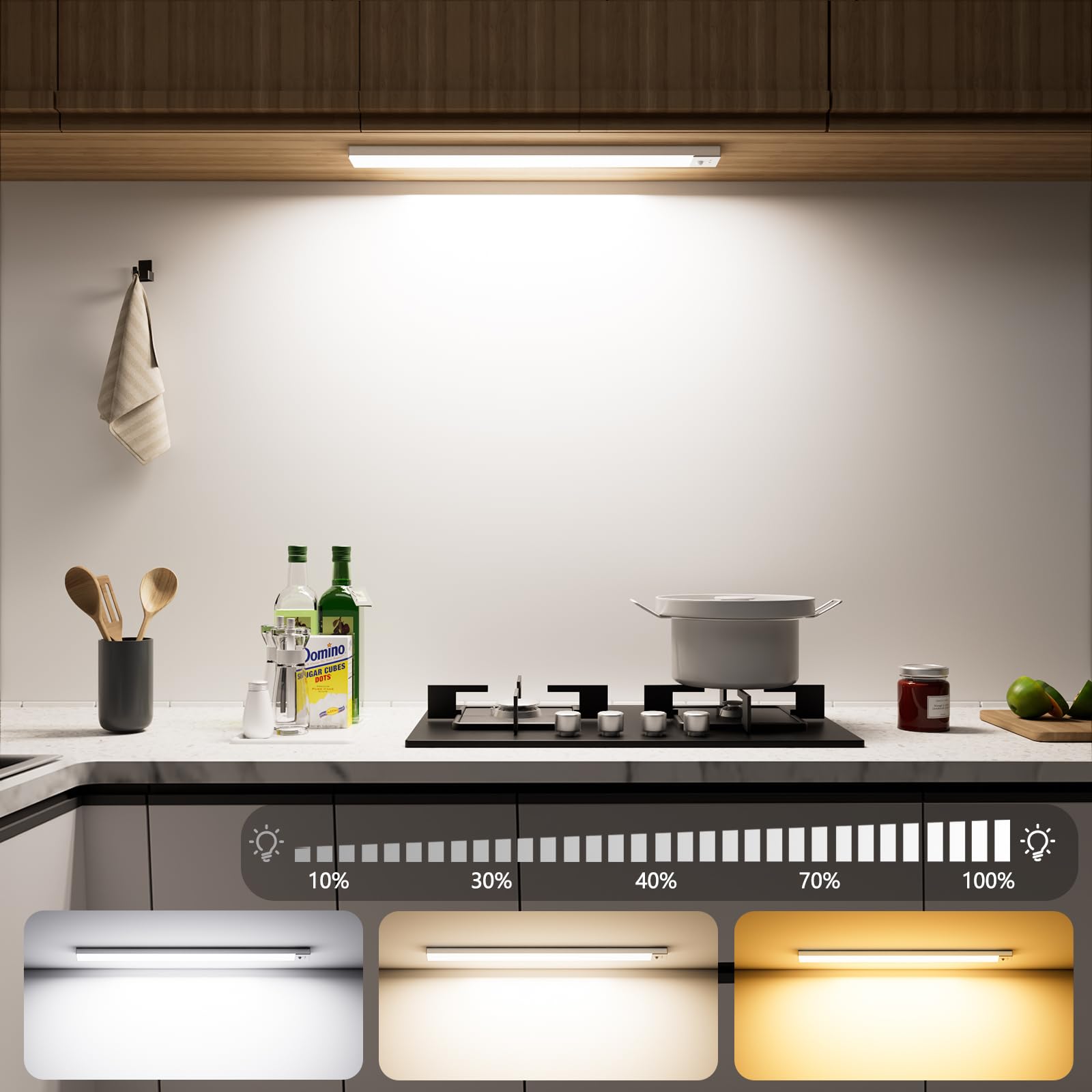 OUILA Unterbauleuchte Küche LED 2 Stück 32CM 3 Farbmodi Schrankbeleuchtung USB Wiederaufladbar Magnetische Lampe Kabellos Schranklicht mit Bewegungsmelder für Schlafzimmer, Werkstatt