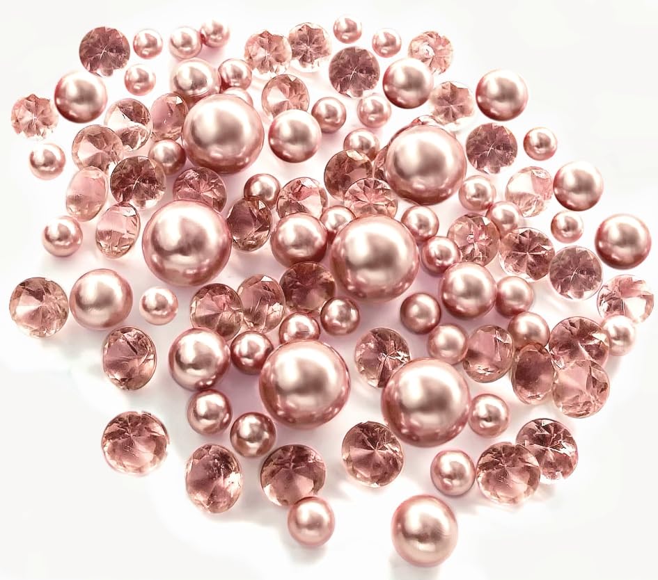 100 Rose Gold Floating Pearls with Matching Sparkling Gems-Large Sizes-Fills 2 Gallons of The Transparent Gels for Floating Effect-with Measured Floating Gels Prep Bags for Best Results!
