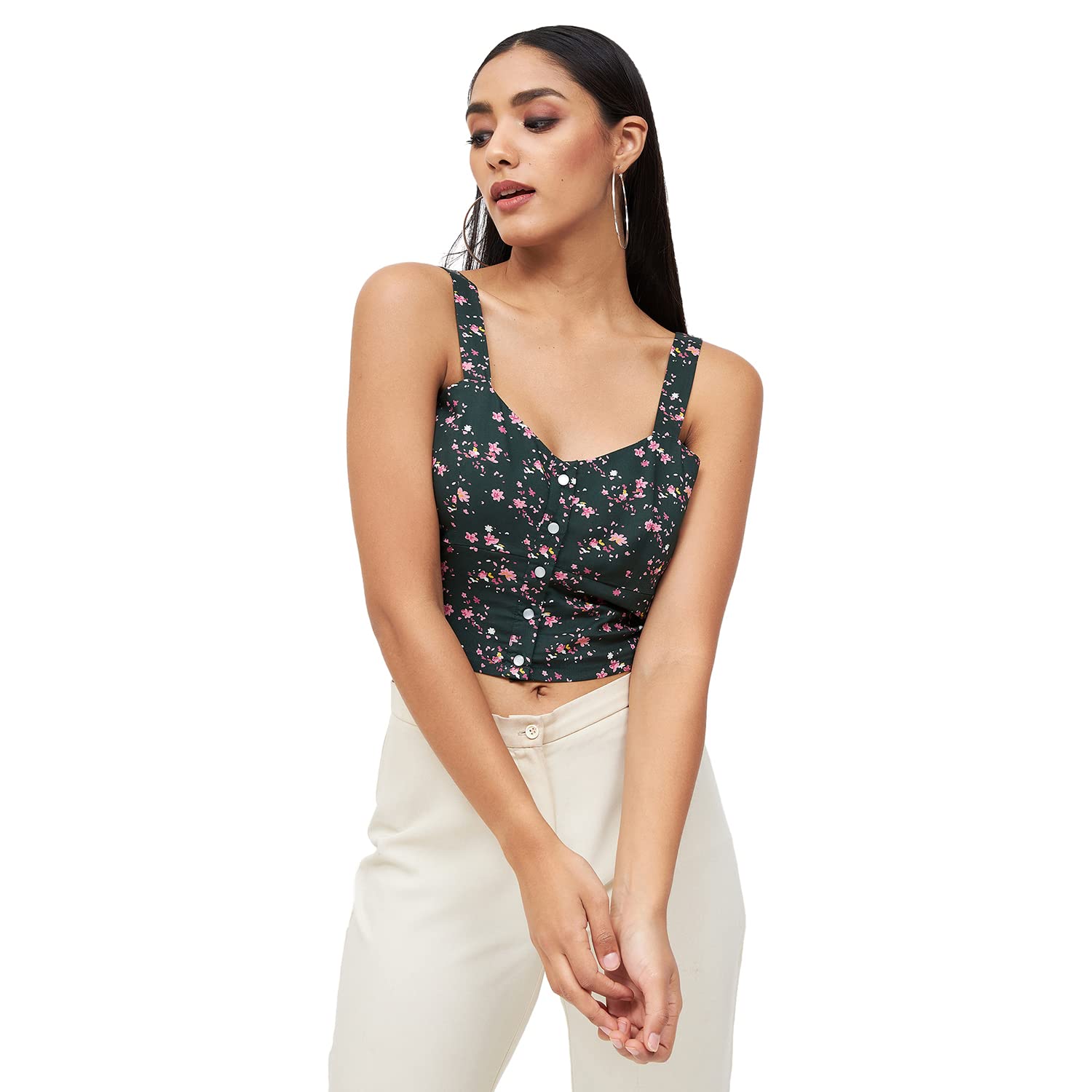 kibo Casual Women's Floral Polyester Square Neck Top Dark Green-picture-15