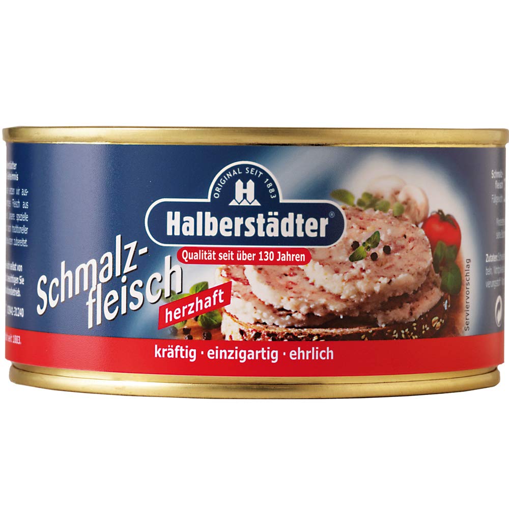 Halberstädter Schmalzfleisch herzhaft 300g – Würzig-zwiebeliger Brotaufstrich aus bestem Schweinefleisch – Traditionelle Fleischkonserve in der praktischen Ringdose