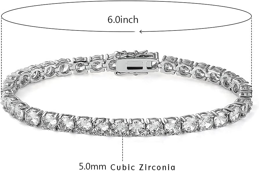 18k White Gold Plated Men Tennis Bracelet,5MM Cubic Zirconia Charm Bracelet for Women and Men, 6-8.5 inches