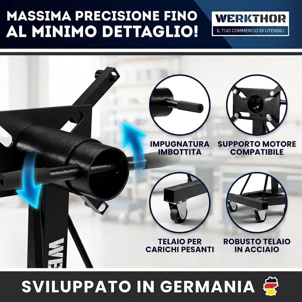 WERKTHOR Podpórka silnika samochodowego, 900 kg, profesjonalna do samochodów ciężarowych i ciężarowych oraz V8 – wspornik silnika obrotowego o 360° – Motorbock czarny XXL stabilny – uchwyt montażowy