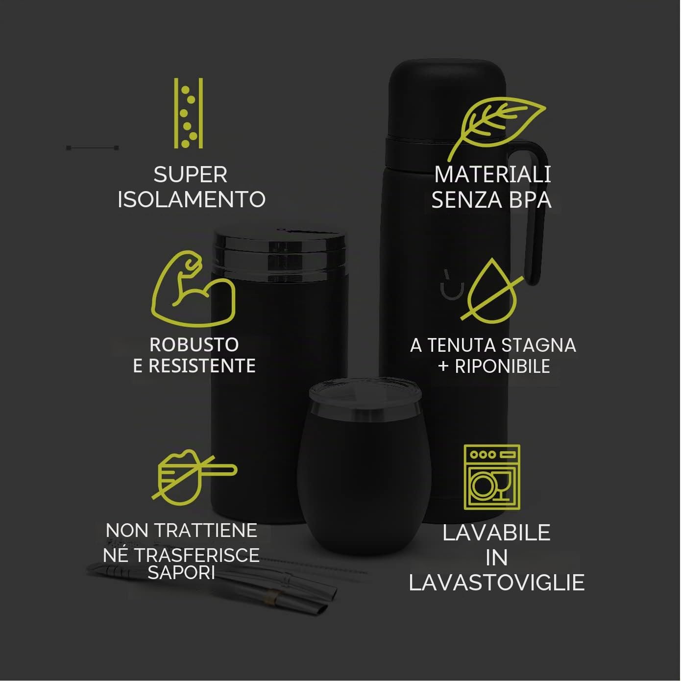 BALIBETOV Yerba Mate Tazza Set - Modern Yerba Mate Tazza, Thermos, Yerba Mate Contenitore (Yerbero), Bombilla (Mate Cannuccia) e Spazzola per la Pulizia - Acciaio Inossidabile 304 18/8 (Nero)