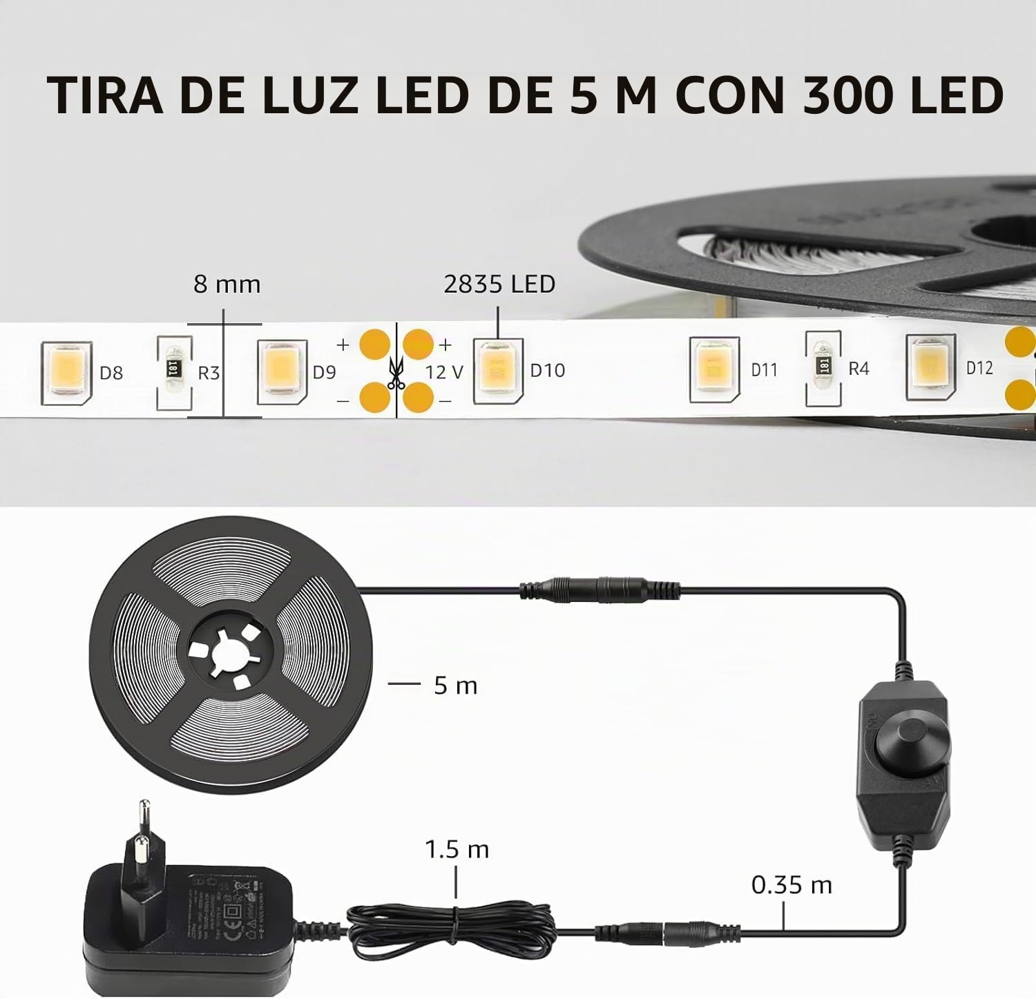 Lepro Tira LED Regulable, Luces LED Habitación 5M 1200lm, Blanco Cálido 3000K, 300 LEDs, Tira Luz LED para Gabinete, Armario y Más, Incluido Fuente de Alimentación de 12V y Regulador de Intensidad