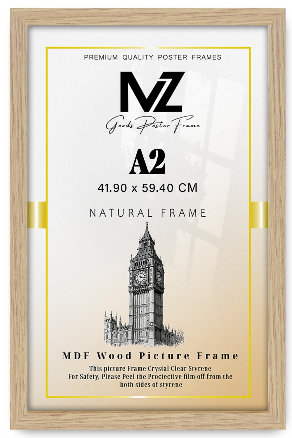 Mz Goods Oak Premium Mdf Poster Frame A2 (23X16 Inch) – Flat Engineered Wood, Uv-Protective Perspex, Lightweight, Wall Mount Or Free Stand, Horizontal & Vertical Display, Shrink-Wrapped –