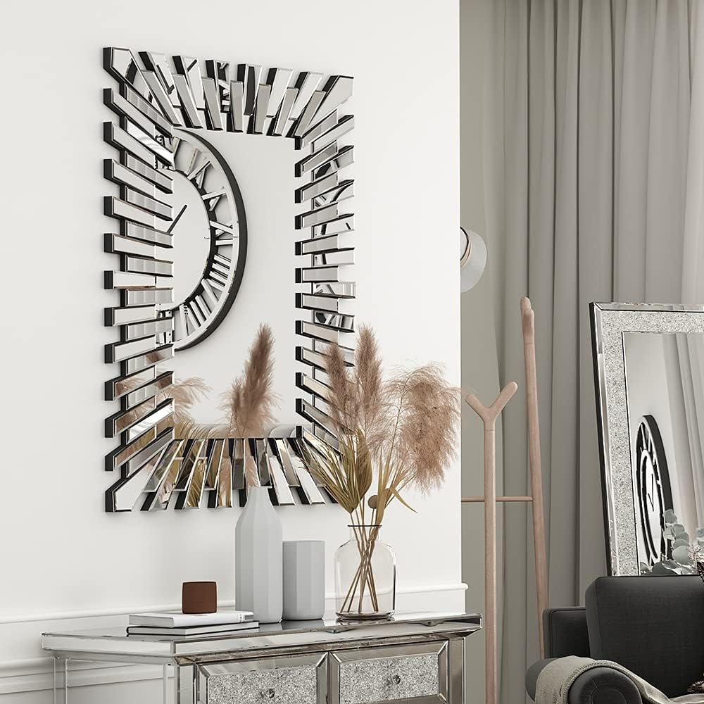 Decorative Big Mirror for Wall - SHYFOY Starburst Silver Rectangular Decor Glass Mirror, Frameless Modern Accent Wall-Mounted Furniture for Home/ Hotel Living Room Bedroom